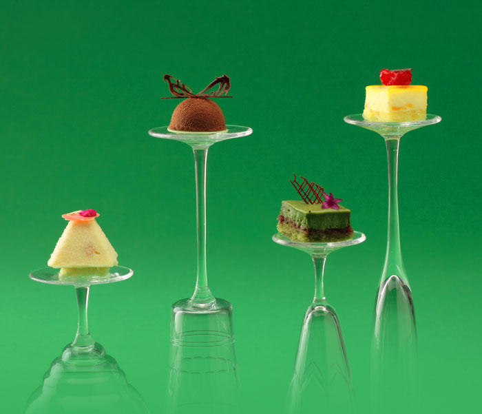 Our very small high-tea style cakes floating on glasses